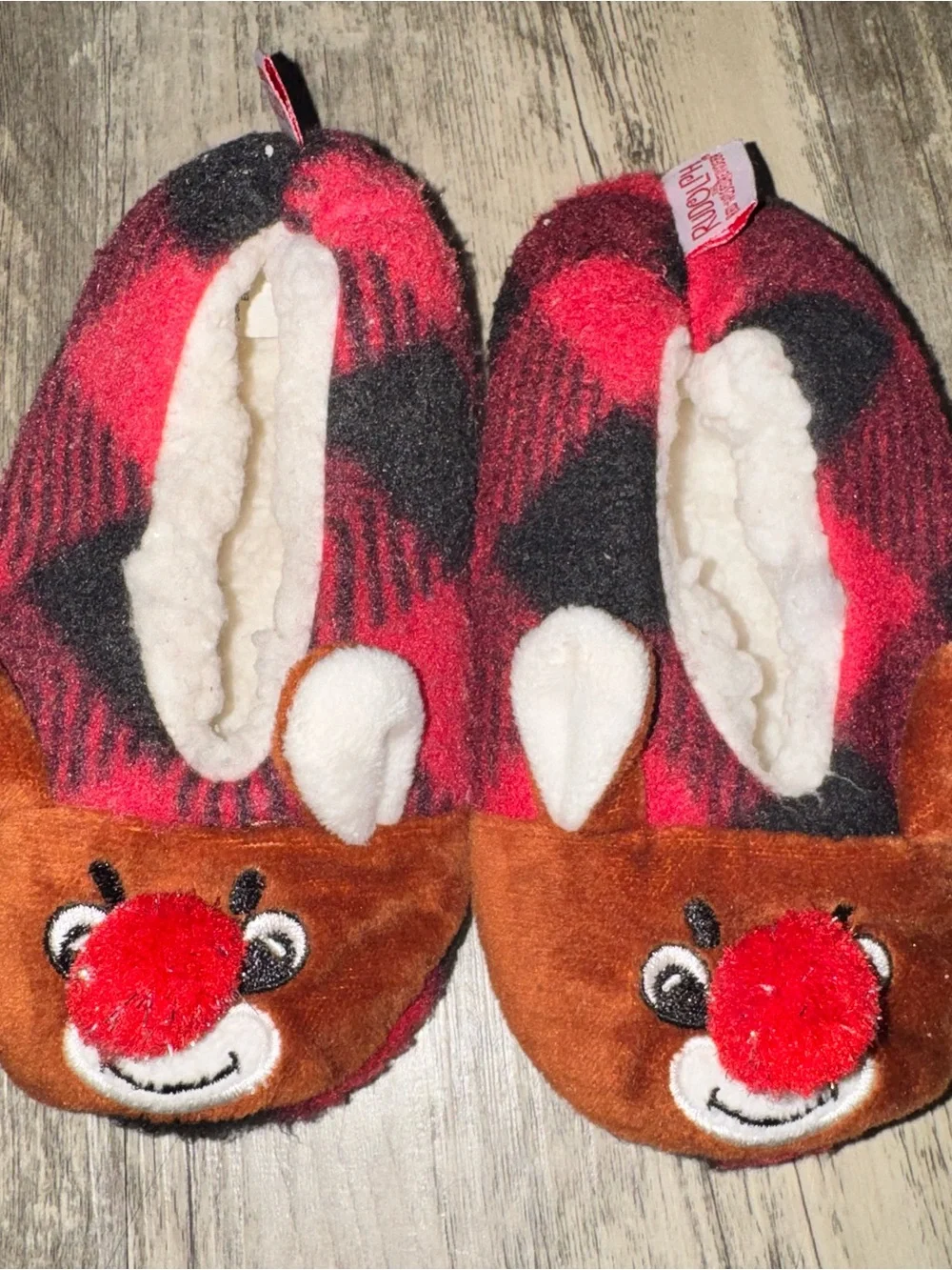 Kids Plush Reindeer Slipper Shoes - Red Plaid